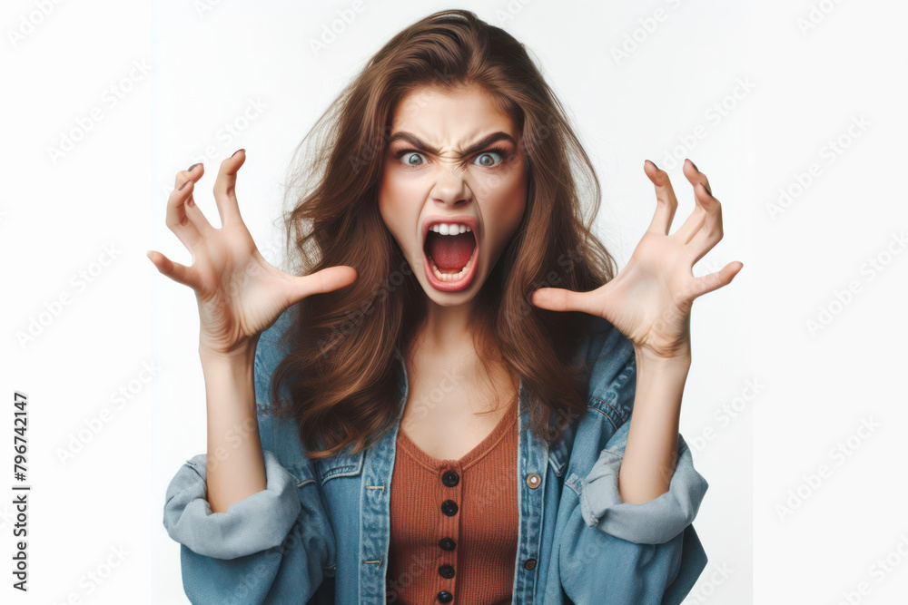 angry girl with open mouth waving her hands on a white background angry girl with open mouth waving her hands on a white background