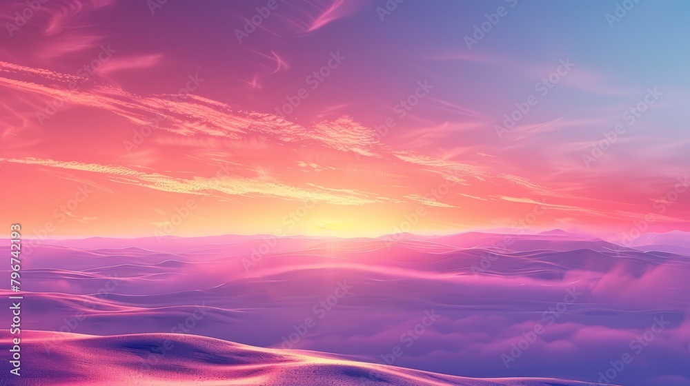 b'Desert Mirage Sunset Pink Purple Sky Pink Sand Dunes Landscape'