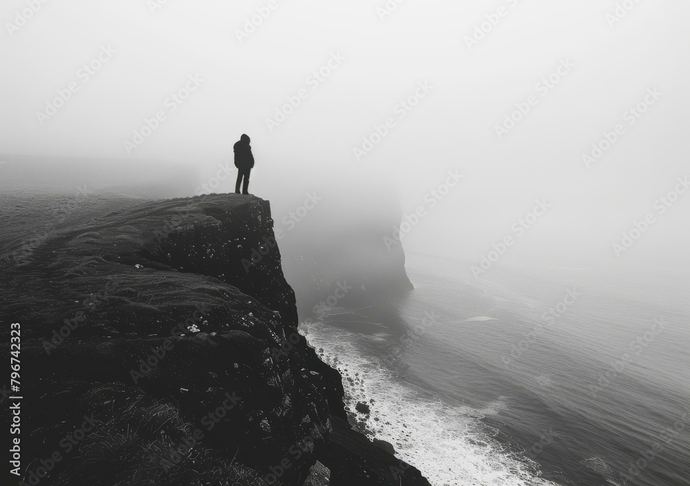 b'Man standing alone on a cliff overlooking a foggy sea'