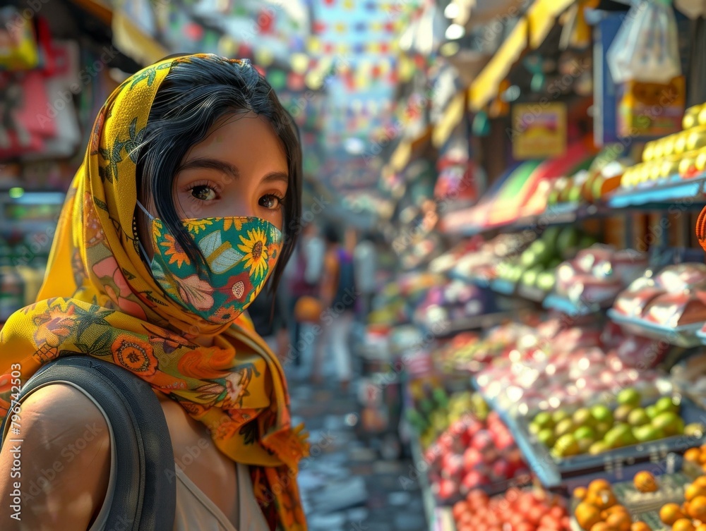 b'A young woman wearing a headscarf and a mask is walking through a crowded market.'
