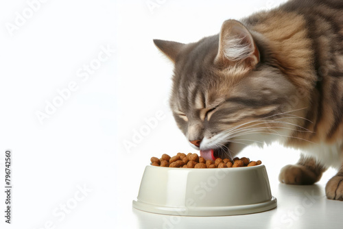 cat eating cat food from bowl on a white background