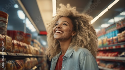 b'Happy African-American woman shopping in grocery store' photo