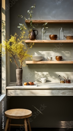 b'kitchen shelves with yellow flowers and ceramic vase'