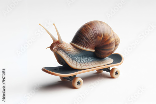 Slow snail riding skateboard on a white background photo