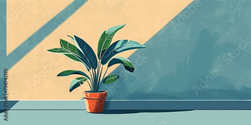 b'A potted plant sits in front of a blue and yellow background.' photo