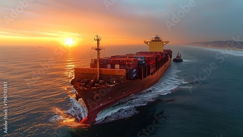A fully loaded container ship nearing port with tugboat support. Concept Container Ship, Port Arrival, Tugboat Support, Maritime Operations, Ocean Transportation