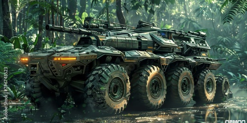 The military vehicle is driving through the jungle photo