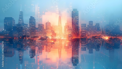 AI interface with double exposure against San Francisco skyscrapers symbolizing neural networks. Concept Artificial Intelligence, Double Exposure, San Francisco Skyline, Neural Networks, Technology photo