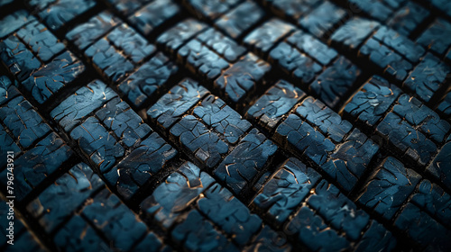 Close-up of wet car tires on a textured surface, reflecting intricate patterns