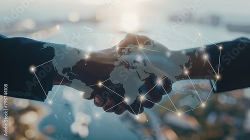 Businessmen shaking hands with global results, world map connecting network links and graphs of stock market graphic diagrams, digital technology, internet communication, teamwork, partnership concept photo