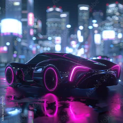 A black futuristic sports car with pink neon lights reflecting off the wet city street.