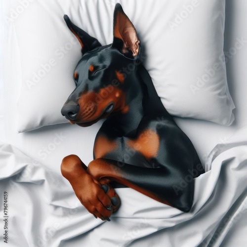 Doberman sleeping on a white bed isolated on white background