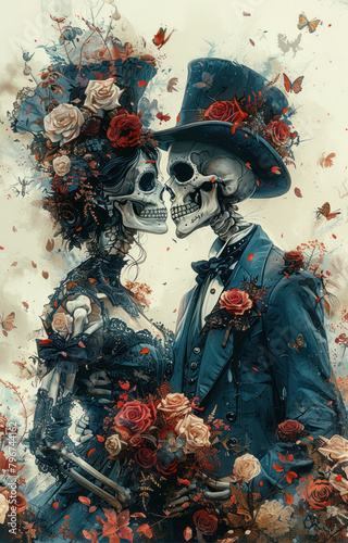 A Gothic romance image featuring two elegantly dressed skeletons surrounded by red roses, butterflies and floral elements, portraying a striking contrast between life and death, beauty and decay. 
