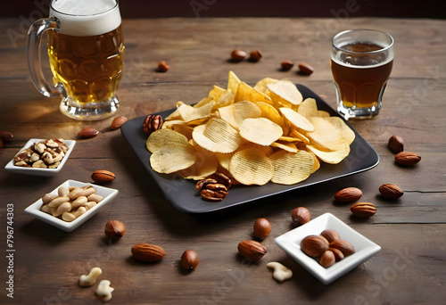 Potato chips with peanuts and beer on a wooden background.