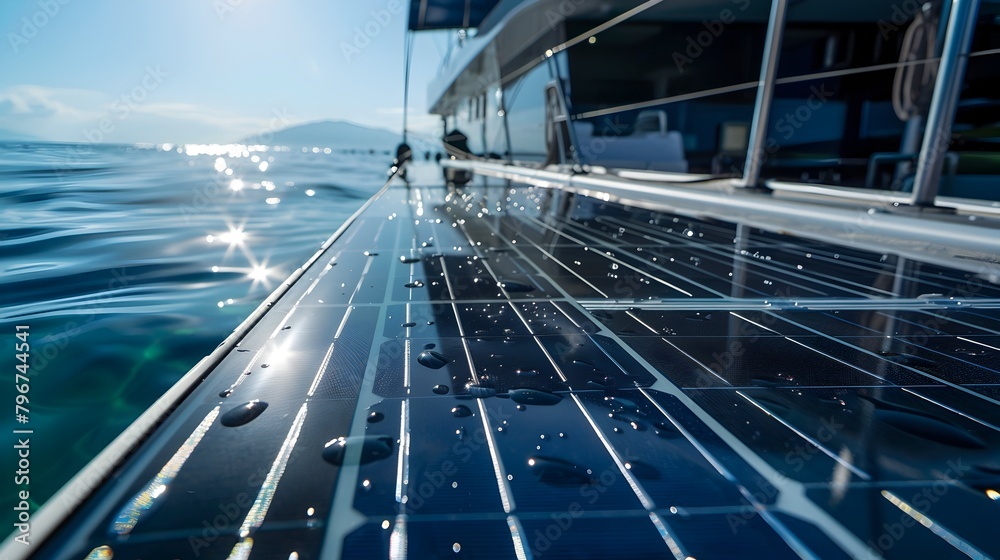 Fototapeta premium Solar Panel Array on Boat Deck: A Symbol of Renewable Energy in Maritime Transport