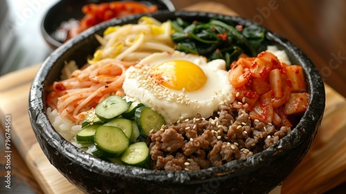 Korean food dolsot bibimbap with egg, cucumber, kimchi and spinach