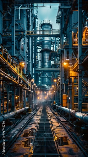 b'The intricate network of pipes and platforms in an industrial setting'