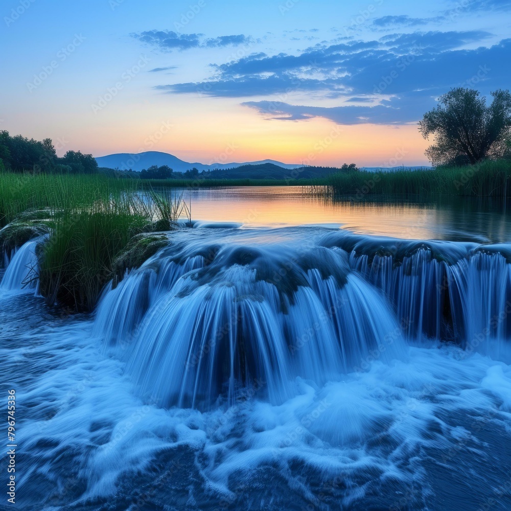 b'Sunset at the Krka Waterfalls in Croatia'