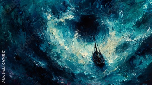 b'A painting of a storm at sea with a small boat in the middle of the storm.' photo