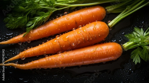 b'Fresh carrots with green leaves on a black background' photo