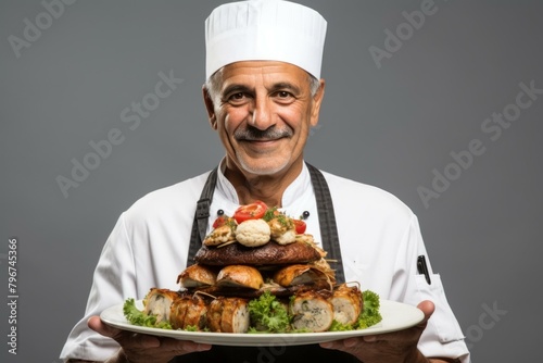 b'Smiling chef holding a large plate of food'