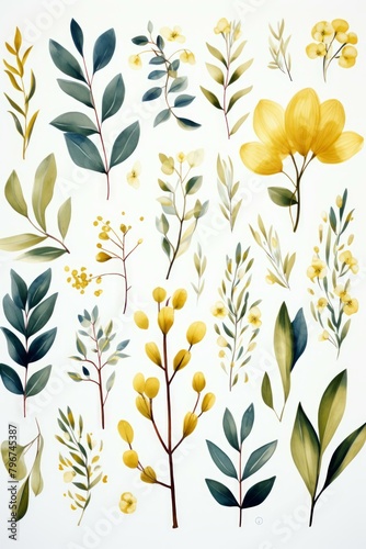 b A Collection of Hand-Painted Watercolor Flowers and Leaves 