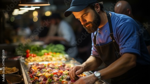 b'Focused male chef carefully preparing food in commercial kitchen'