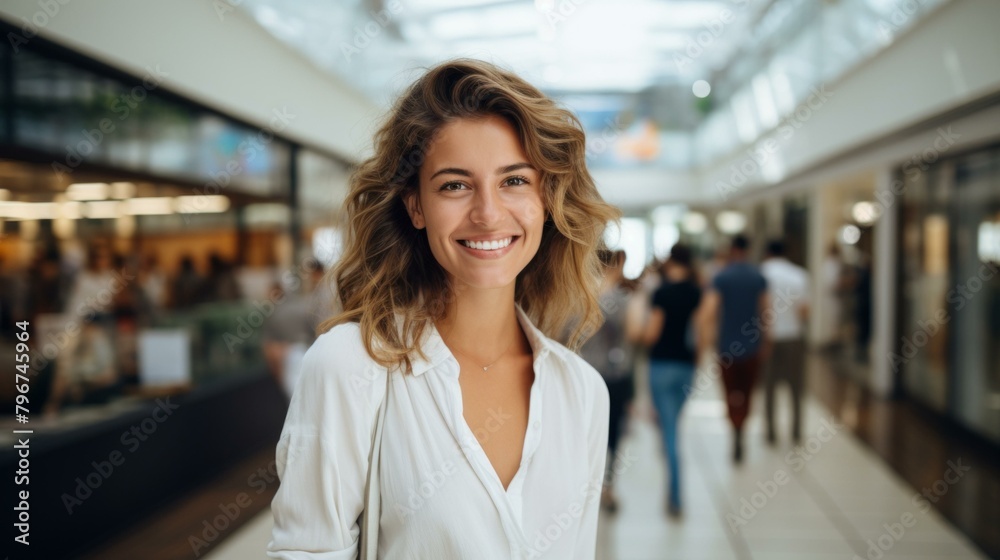 b'Portrait of a smiling young woman in a shopping mall'
