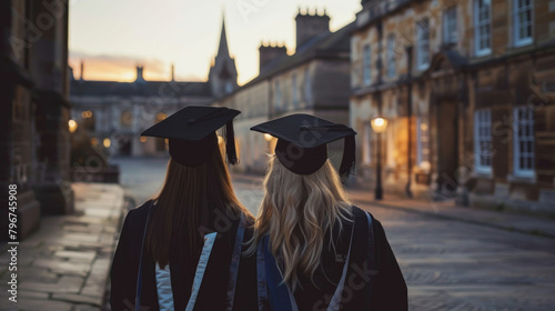 Two women wearing graduation attire, caps, and gowns, walking down a street confidently