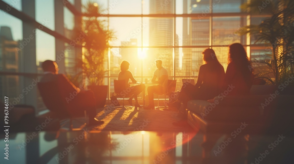 b'Business people meeting in a modern office with large windows'