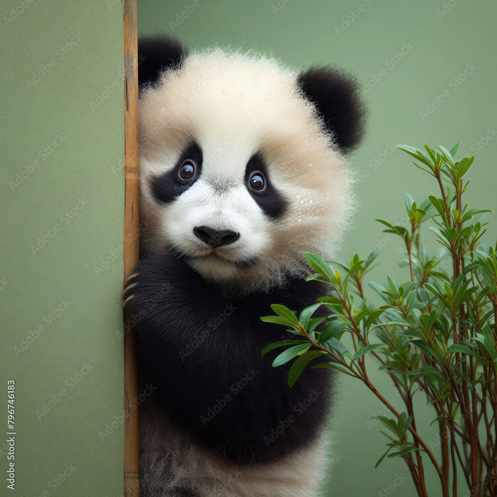 Surprised panda cautiously peeks around a corner against a green background