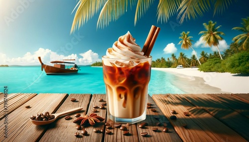 Tropical Iced Coffee Delight with Cream and Cinnamon