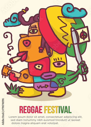 abstract faces of dreadlock rasta man smooking weed  holding peace flag and playing guitar concept. abstract prehistoric images reggae festival template poster vector illustration.