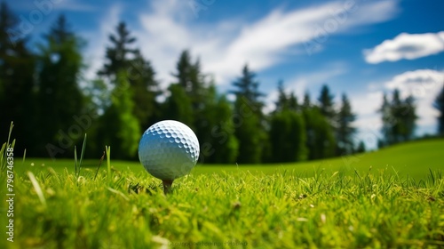 b'A golf ball sits on a tee in the middle of a fairway with trees in the background'
