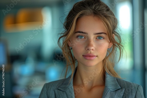 b'A beautiful young woman with blue eyes and freckles wearing a suit'