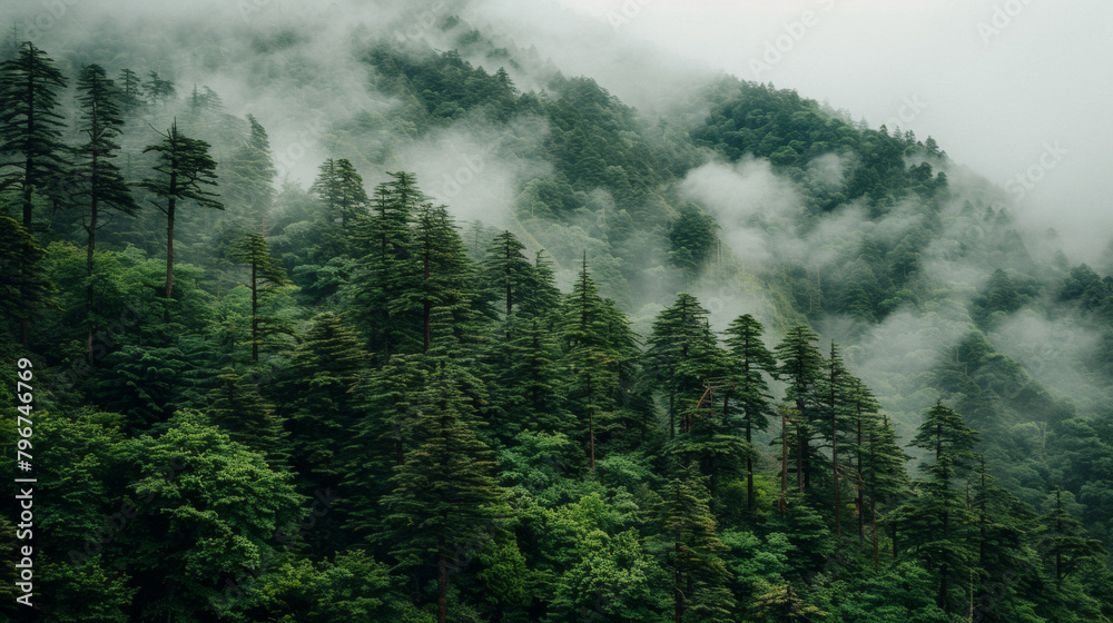 A lush green forest with a misty, foggy atmosphere. The trees are tall and dense, creating a sense of seclusion and tranquility. The fog adds an ethereal quality to the scene