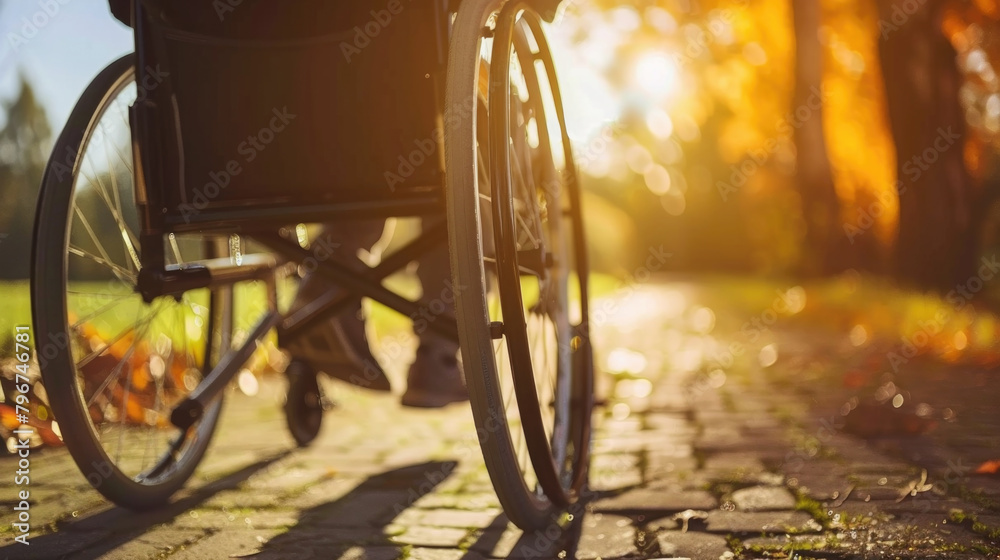 A person in a wheelchair is navigating a path, surrounded by greenery and trees on a sunny day