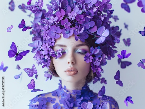 Enchanting Woman with Purple Floral Headdress and Butterflies © Viktorikus