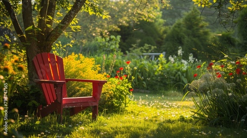 Red Garden Chair Amongst Spring Blossoms photo