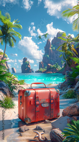 suitcase on a tropical beach, symbolizing travel and adventure