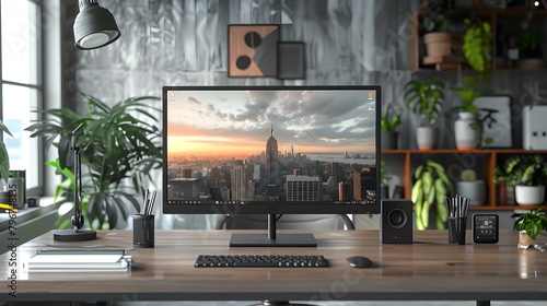 professionalism and sophistication with an image of a designer's digital workspace, featuring a large ultra-HD monitor and stylus on a clean desk. photo