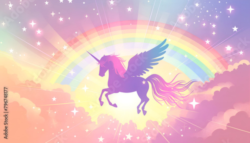 unicorn silhouette with stars and rainbow background . Magic wallpaper  with Pegasus 
