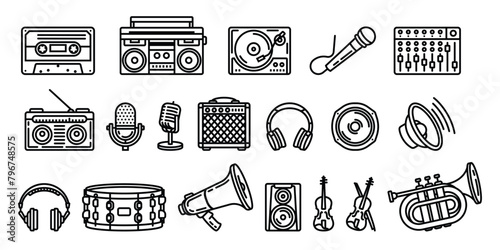 An original vector set of icons on the theme of musical equipment and instruments. © artmarsa