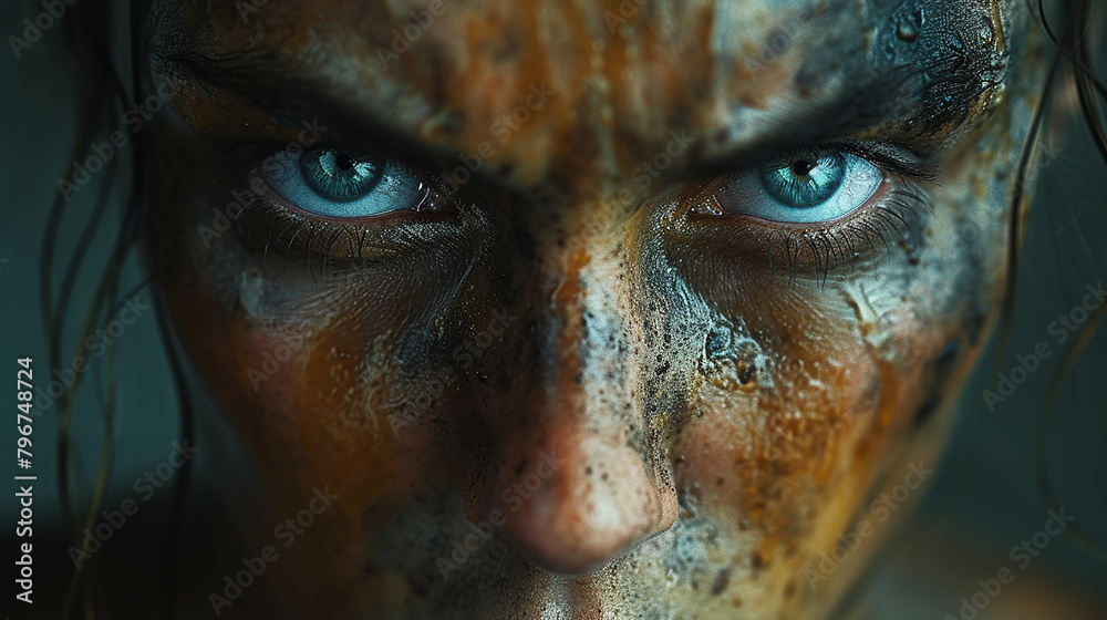 Angry look of a woman with blue eyes and angry expression 