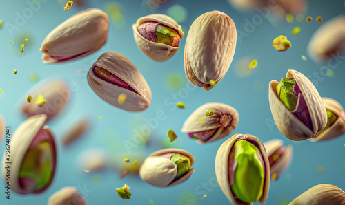 Realistic pistachio nuts falling in explosion splash for snack package or advertising poster. Whole pistachio nuts falling in motion in macro closeup for food product ad banner background