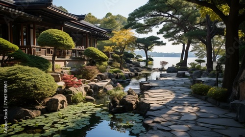 b'Japanese garden with a pond, trees, and a stone path'