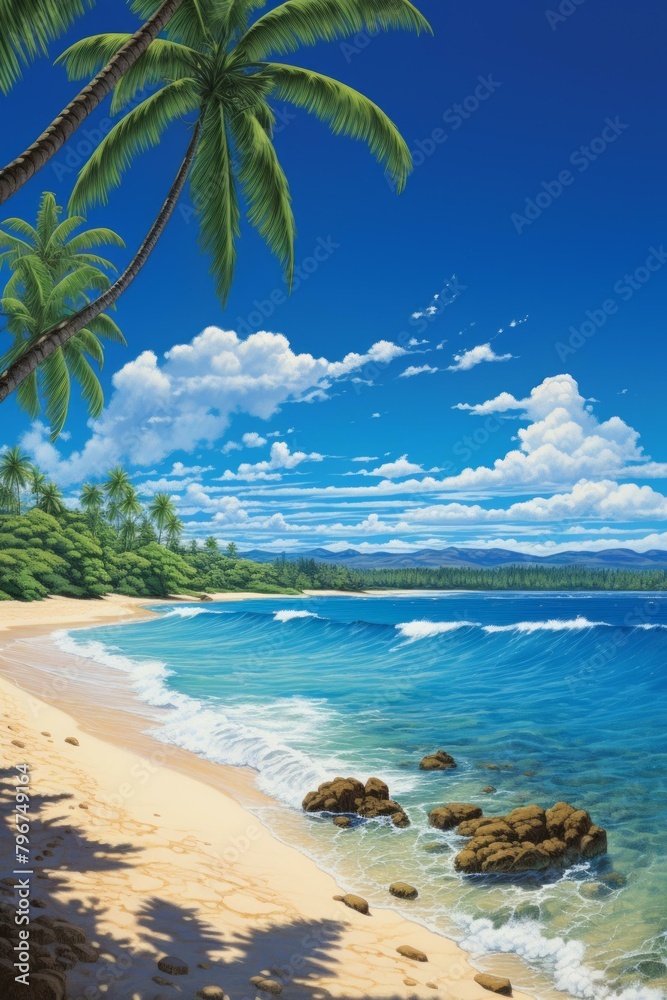 b'Beach Scenery With Coconut Trees And Blue Ocean'