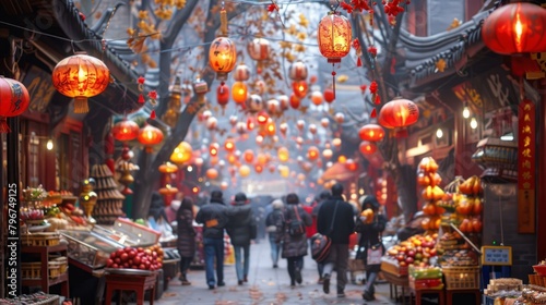 b'Crowded Chinese street market with people shopping and red lanterns hanging above'