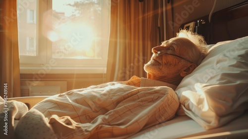 An elderly man in bed in close-up. Elderly care, hospice care. Long-term care for the elderly, rehabilitation
