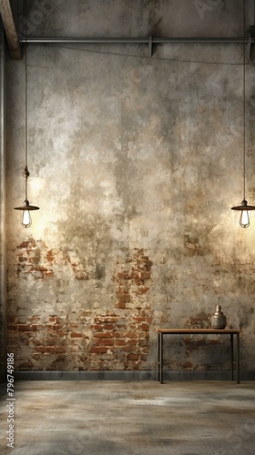b'Industrial style room with brick wall and concrete floor' photo